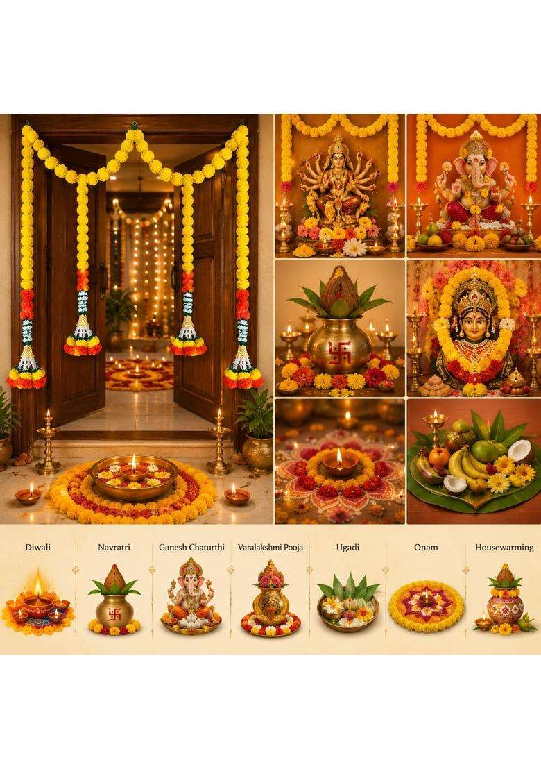 Tia Crafts Artificial Marigold Handmade Fluffy Flower Toran for Main Door with Jasmine and Bell Festival - Indya