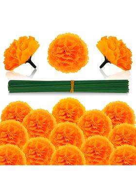 Labeol 50Pcs Artificial Heads Bulk Mexican Decoration Silk Orange Marigold Garland with Stems for Day