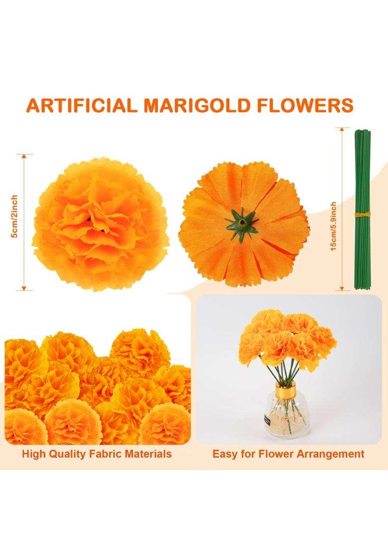 Labeol 50Pcs Artificial Heads Bulk Mexican Decoration Silk Orange Marigold Garland with Stems for Day - Indya