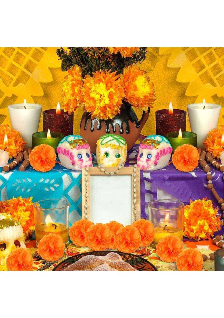 Labeol 50Pcs Artificial Heads Bulk Mexican Decoration Silk Orange Marigold Garland with Stems for Day - Indya