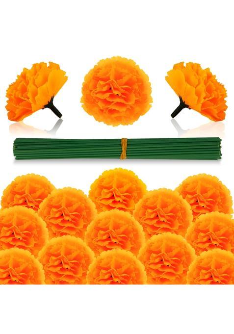Labeol 50Pcs Artificial Heads Bulk Mexican Decoration Silk Orange Marigold Garland with Stems for Day