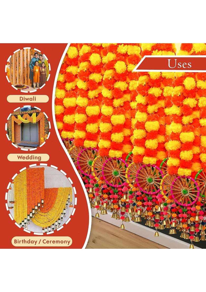 Ecraftindia Artificial Marigold Flowers Hangings with Bangles Ringing Bells Pack of 8 - Indya