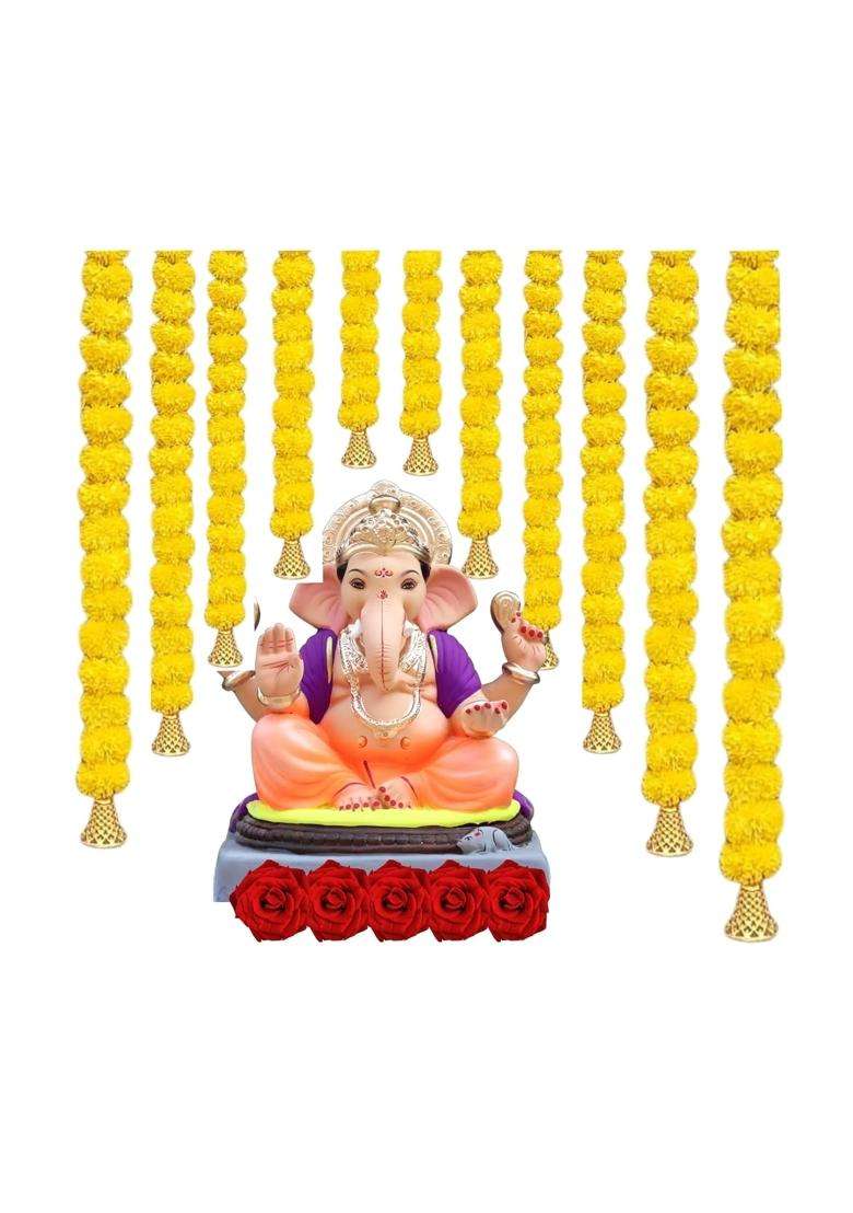 Agnirva Artificial Marigold Fluffy Colorful Flower String Garland with Golden Hanging Bells 30 Inch Home Decor - Indya