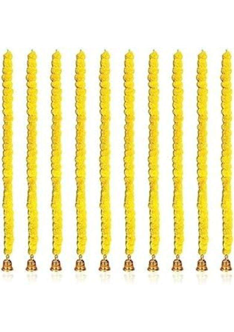 Agnirva Artificial Marigold Fluffy Colorful Flower String Garland with Golden Hanging Bells 30 Inch Home Decor - Indya