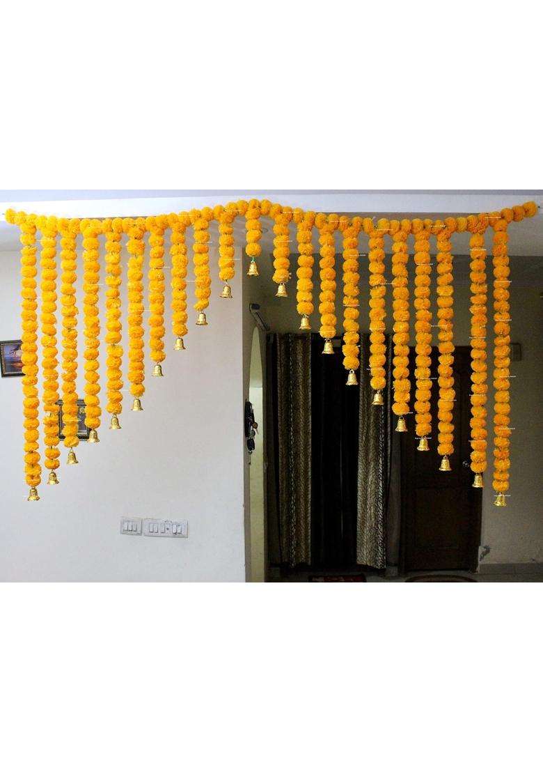 Sphinx Artificial Marigold Fluffy Flowers and Golden Silver Hangings Grand Entrance Shamiyana Mandap Toran - Indya