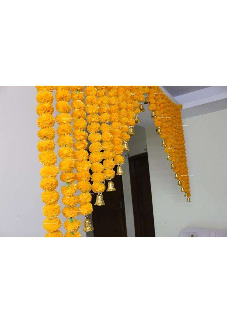 Sphinx Artificial Marigold Fluffy Flowers and Golden Silver Hangings Grand Entrance Shamiyana Mandap Toran - Indya