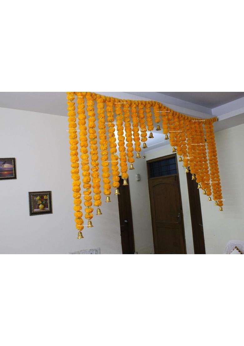 Sphinx Artificial Marigold Fluffy Flowers and Golden Silver Hangings Grand Entrance Shamiyana Mandap Toran - Indya