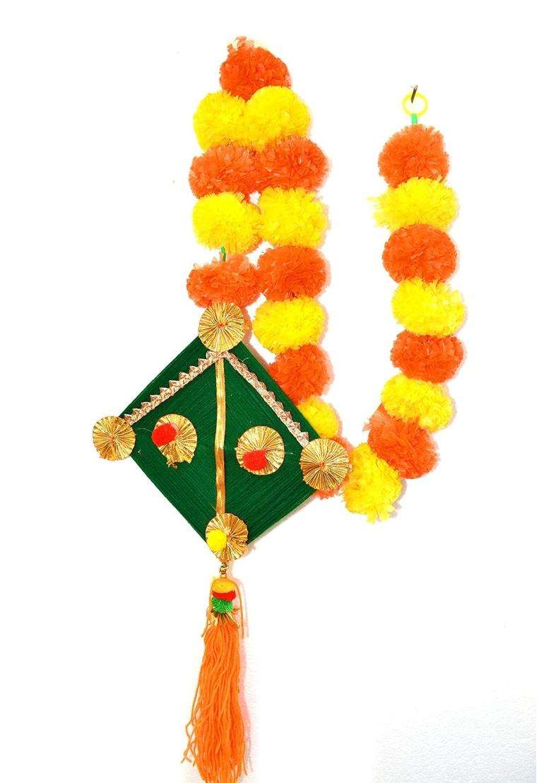 Craftvatika Artificial Marigold Fluffy Flowers with Handmade Kites Wall Door Hanging Latkans for Diwali - Indya