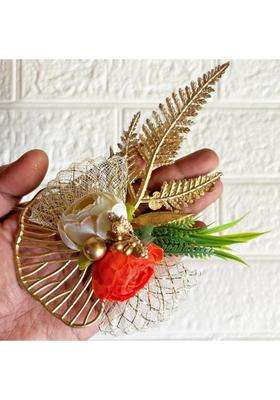 Adikala Artificial 2 Peonies Golden Leaf Flower Bunch for Hamper Flower Brooch Hamper for Decoration Gifting
