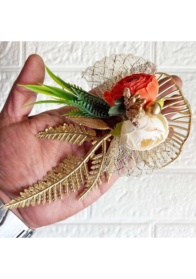 Adikala Artificial 2 Peonies Golden Leaf Flower Bunch for Hamper Flower Brooch Hamper for Decoration Gifting - Indya