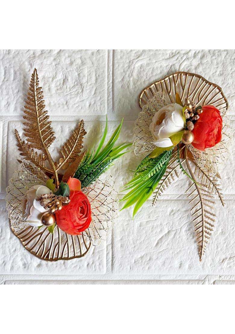 Adikala Artificial 2 Peonies Golden Leaf Flower Bunch for Hamper Flower Brooch Hamper for Decoration Gifting - Indya