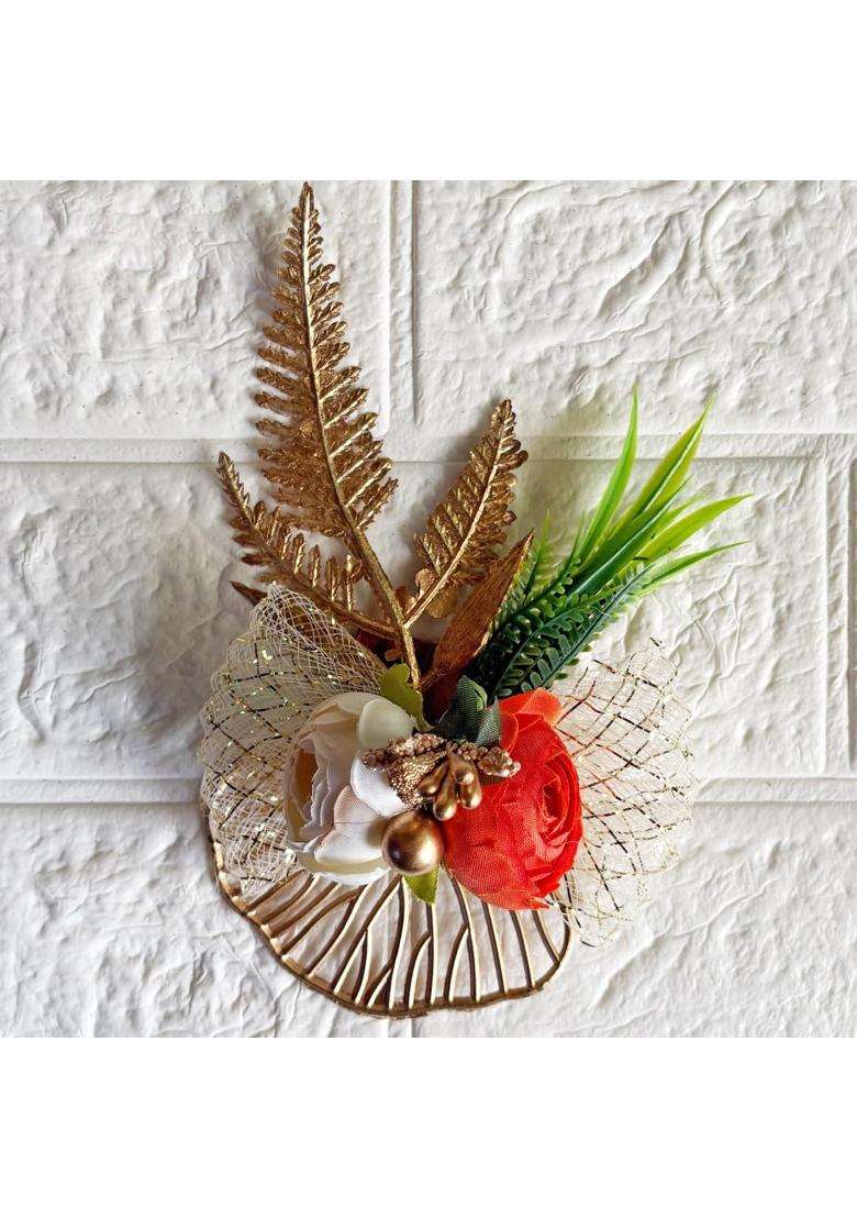 Adikala Artificial 2 Peonies Golden Leaf Flower Bunch for Hamper Flower Brooch Hamper for Decoration Gifting - Indya
