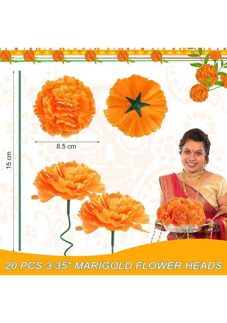 Athem 20 Pcs Artificial Marigold Flowers with Stems Orange Marigold Bunches for Diwali Navratri Wedding - Indya