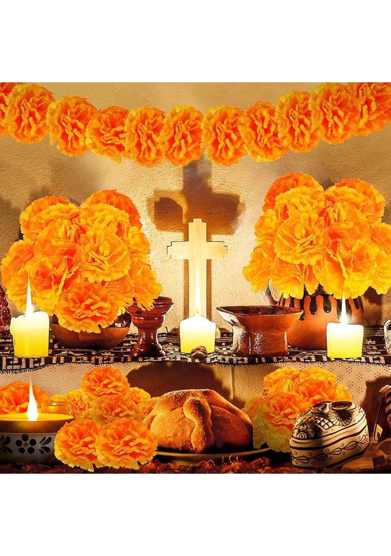 Athem 20 Pcs Artificial Marigold Flowers with Stems Orange Marigold Bunches for Diwali Navratri Wedding - Indya