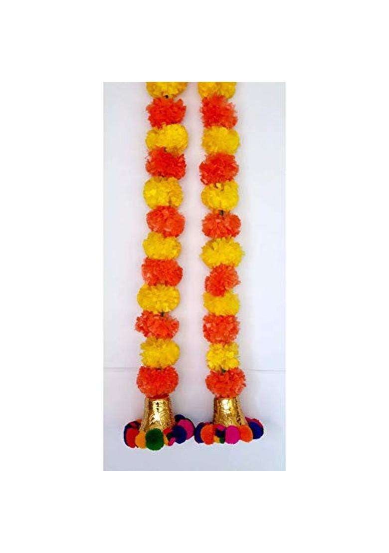Prahll Artificial Marigold Flower Garlands Hanging Toran and Bell and Pompom Multicolour 6 Pieces - Indya