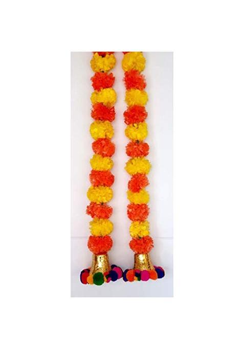 Prahll Artificial Marigold Flower Garlands Hanging Toran and Bell and Pompom Multicolour 6 Pieces