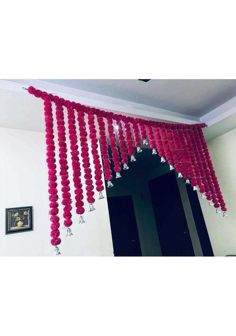 Sphinx Artificial Marigold Fluffy Flowers and Golden Silver Hangings Grand Entrance Shamiyana Mandap Toran - Indya