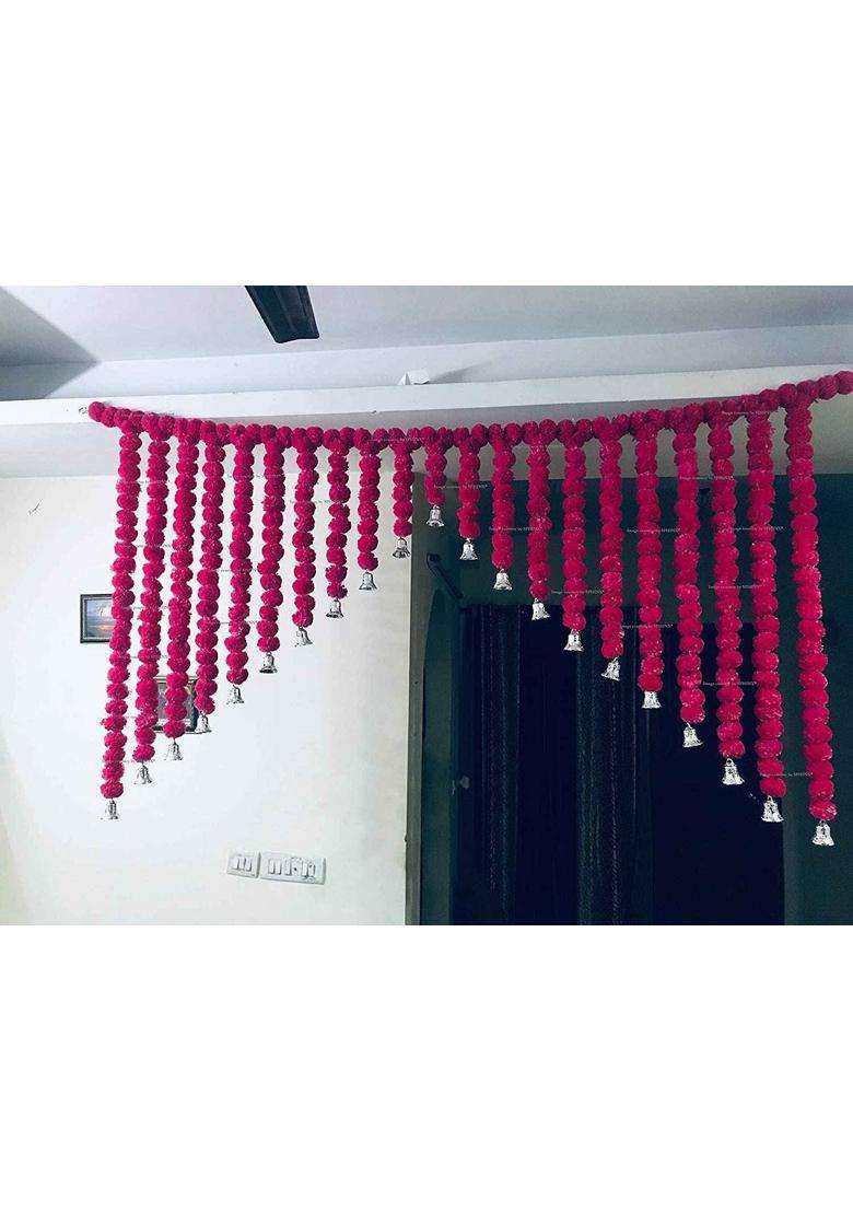 Sphinx Artificial Marigold Fluffy Flowers and Golden Silver Hangings Grand Entrance Shamiyana Mandap Toran - Indya