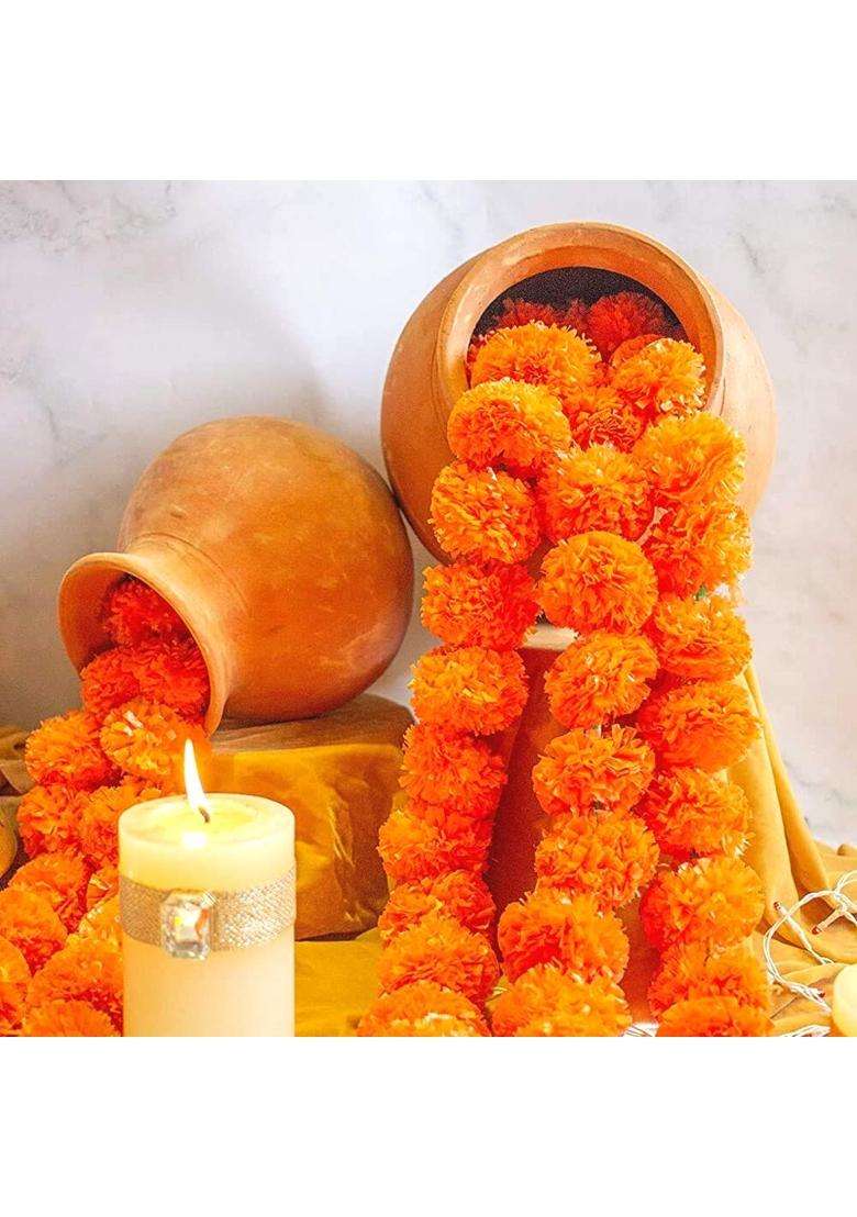 Dayal Ji Store Marigold Artificial Flower for Decoration Home Decor 20 String Orange - Indya