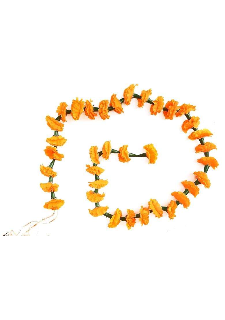 URVI Creation Orange Artificial Marigold Flower Genda Phool Garlands for Diwali Wedding Navratri Set of 10 - Indya