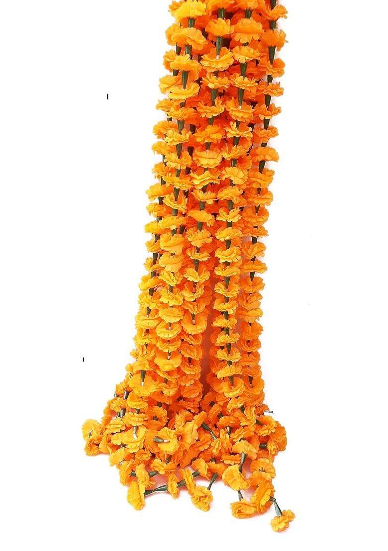 URVI Creation Orange Artificial Marigold Flower Genda Phool Garlands for Diwali Wedding Navratri Set of 10 - Indya