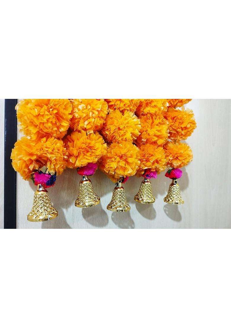 Aarchi Shopy Artificial Marigold Fluffy Flowers with Hanging Bells Torans Pack of 10 - Indya