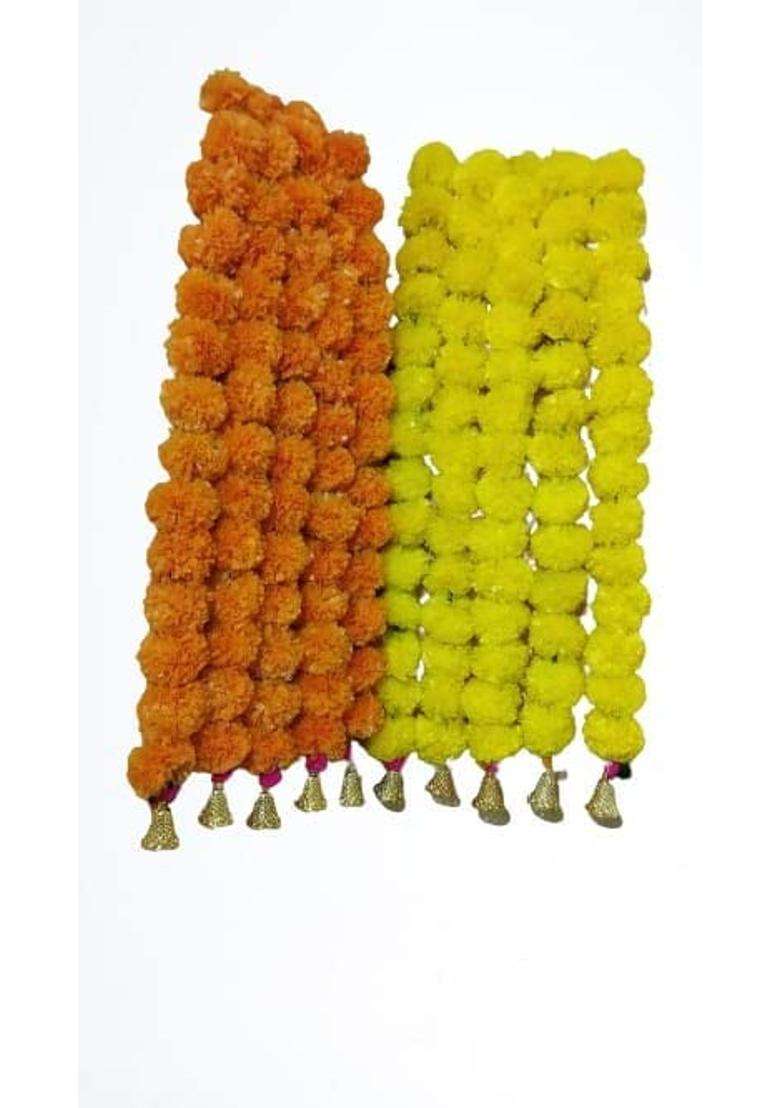 Aarchi Shopy Artificial Marigold Fluffy Flowers with Hanging Bells Torans Pack of 10 - Indya