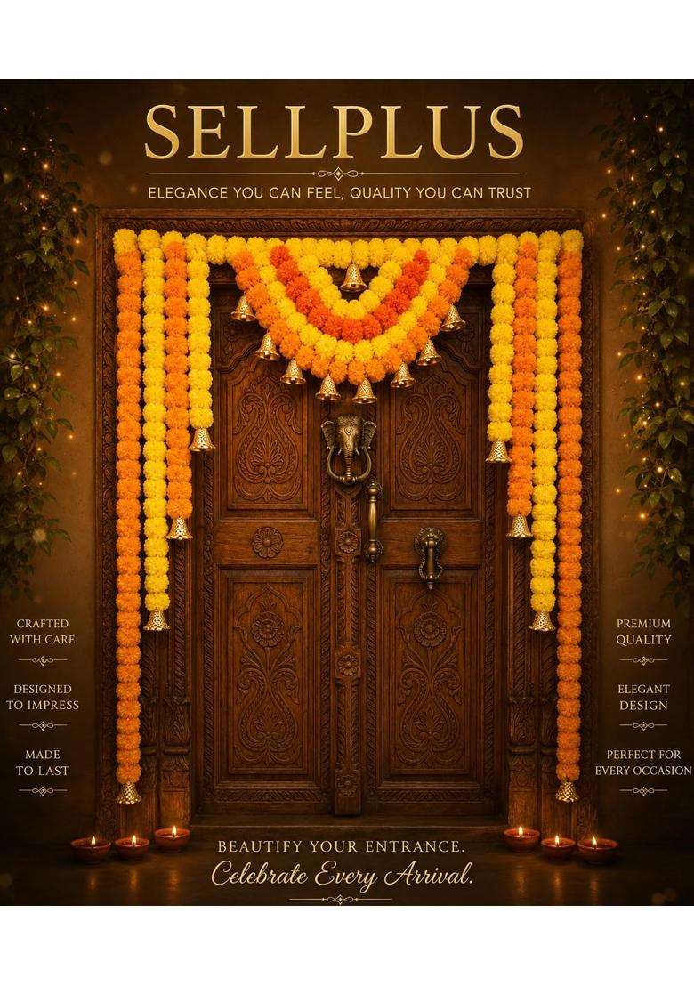 Sellplus Artificial Marigold Flower with Bell Bandhanwar Door Decoration Wedding Haldi Party Decor Diwali - Indya