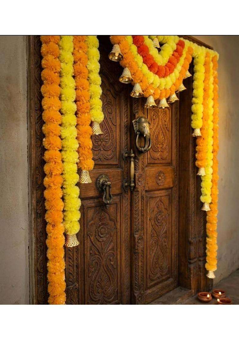 Sellplus Artificial Marigold Flower with Bell Bandhanwar Door Decoration Wedding Haldi Party Decor Diwali - Indya