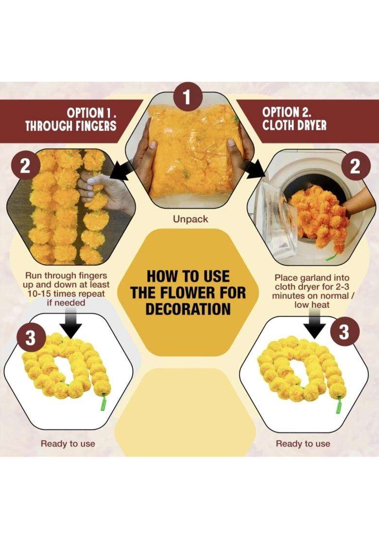 Decorhacks Artificial Fluffy Yellow Marigold Flower Reusable Garland for Home Office Puja Wedding 5Ft - Indya