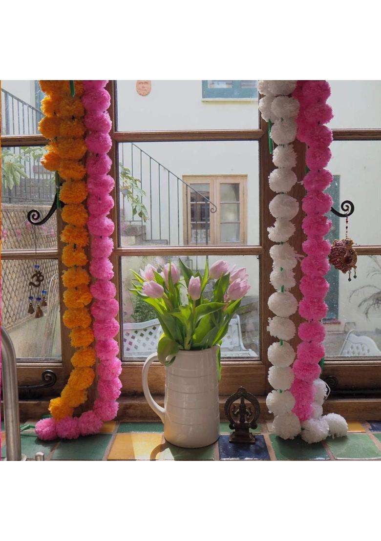 Floria Set 20 White Ofartificial Marigold Flower Garlands for Decoration of Doors Windows Walls 30 Flower - Indya