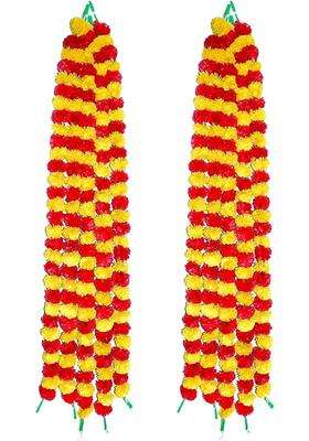 SAI Praseeda 4 and Half Feet Yellow and Maroon Color Artificial Marigold Garland Pcs Fluffy Marigold Flowers