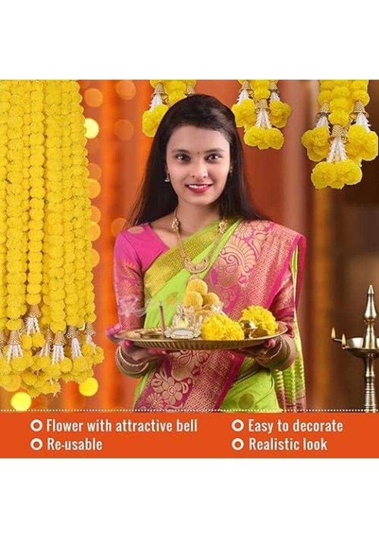Barbuddy Artificial Marigold Flowers for Decoration Garland with Bell for Diwali and Festivals - Indya