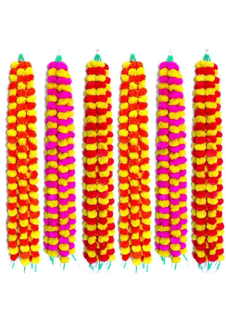 Ihandikart Handmade Decorative Marigold Fluffy Artificial Garland Pack of 30 - Indya