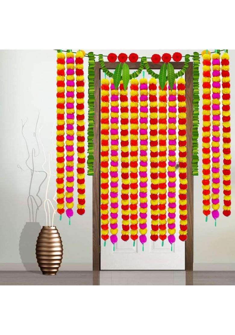 Ihandikart Handmade Decorative Marigold Fluffy Artificial Garland Pack of 30 - Indya