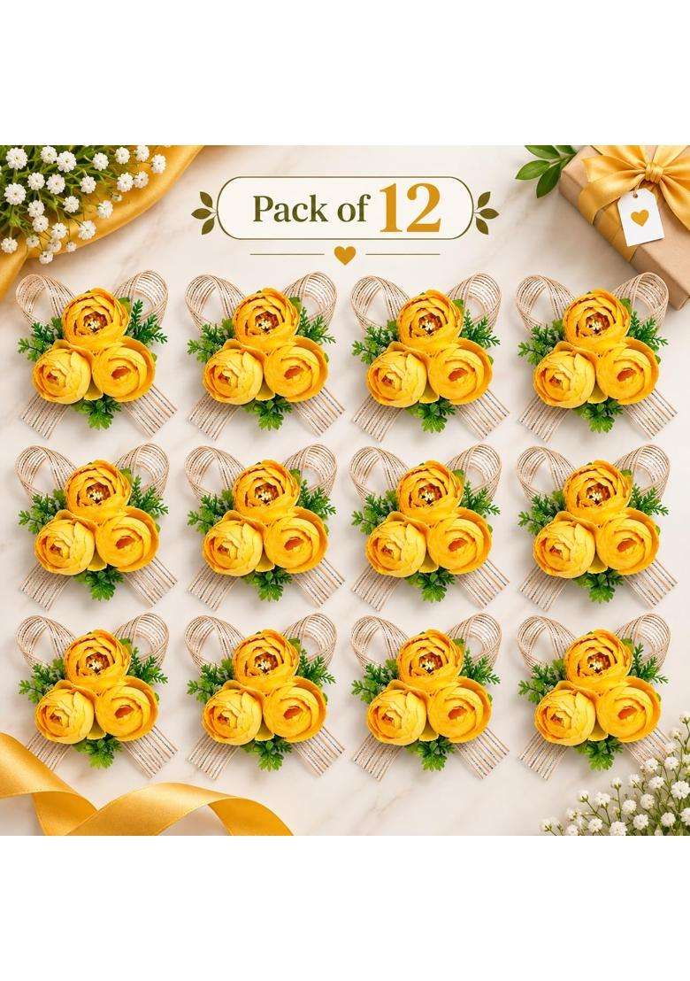 Adikala Artificial 3 Peony Flower Bunch Decorative Floral Brooch with Ribbon and Green Leaves Pack of 6 - Indya