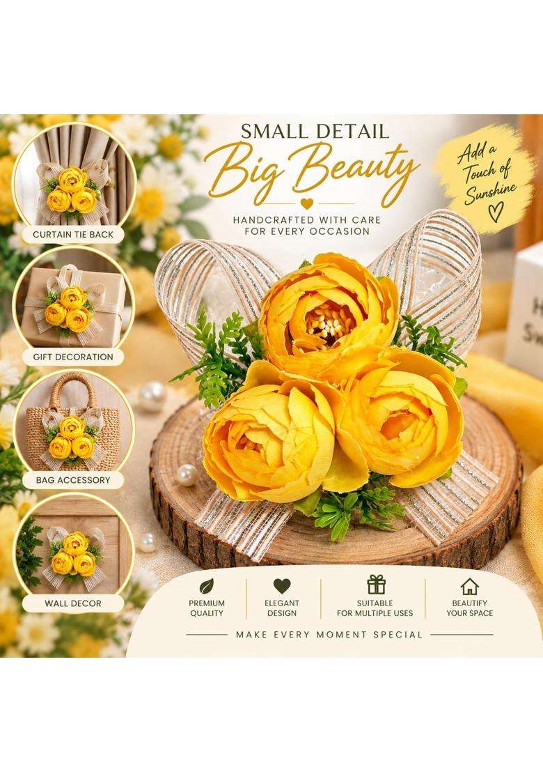 Adikala Artificial 3 Peony Flower Bunch Decorative Floral Brooch with Ribbon and Green Leaves Pack of 6 - Indya