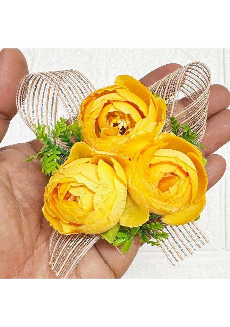 Adikala Artificial 3 Peony Flower Bunch Decorative Floral Brooch with Ribbon and Green Leaves Pack of 6 - Indya