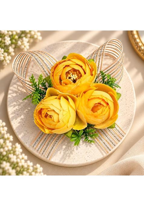 Adikala Artificial 3 Peony Flower Bunch Decorative Floral Brooch with Ribbon and Green Leaves Pack of 6