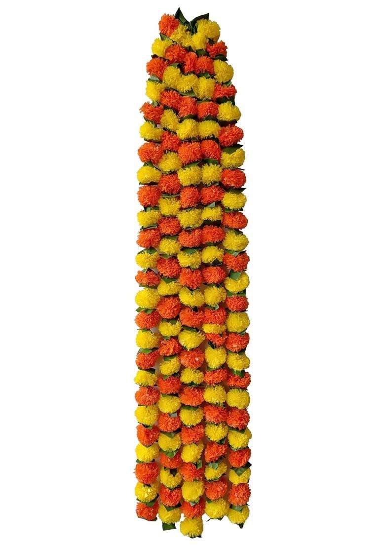 Samjhi Premium Handmade Marigold Flower Garland with Ashoka Leaves for Decoration Orange Yellow Pack of 20 - Indya