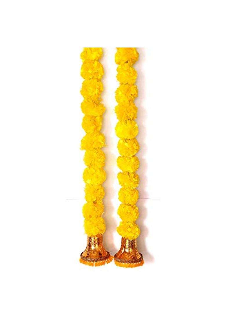 Prahll Artificial Marigold Flower Garlands Hanging Toran for Door and Wall with 3 Inch Golden Bell Pack of 6 - Indya