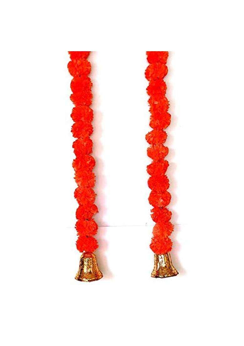 Prahll Artificial Marigold Flower Garlands Hanging Toran for Door N Wall with 3 INCH Golden Bell Dark Orange - Indya