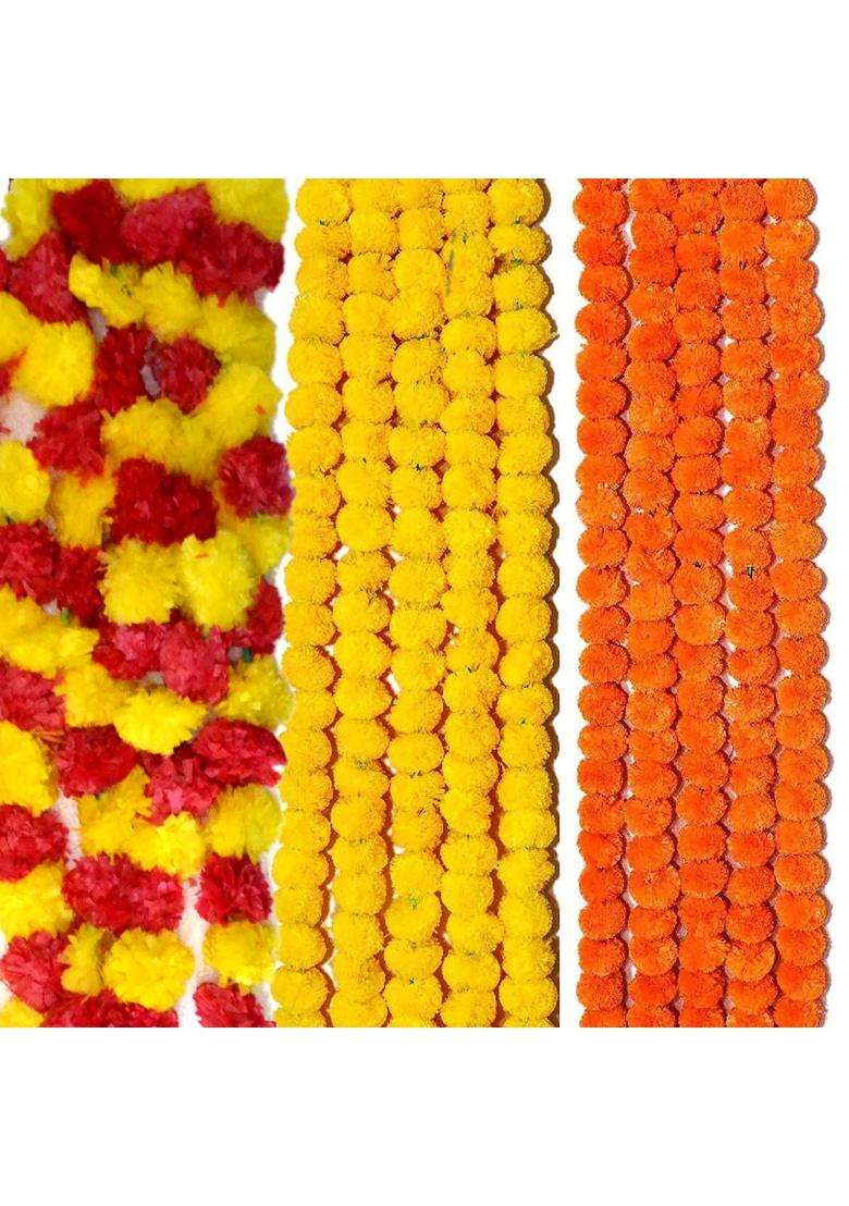 Craftvatika Artificial Marigold Fluffy Flowers Door Wall Hanging Garlands String for Diwali Pack of 15 - Indya