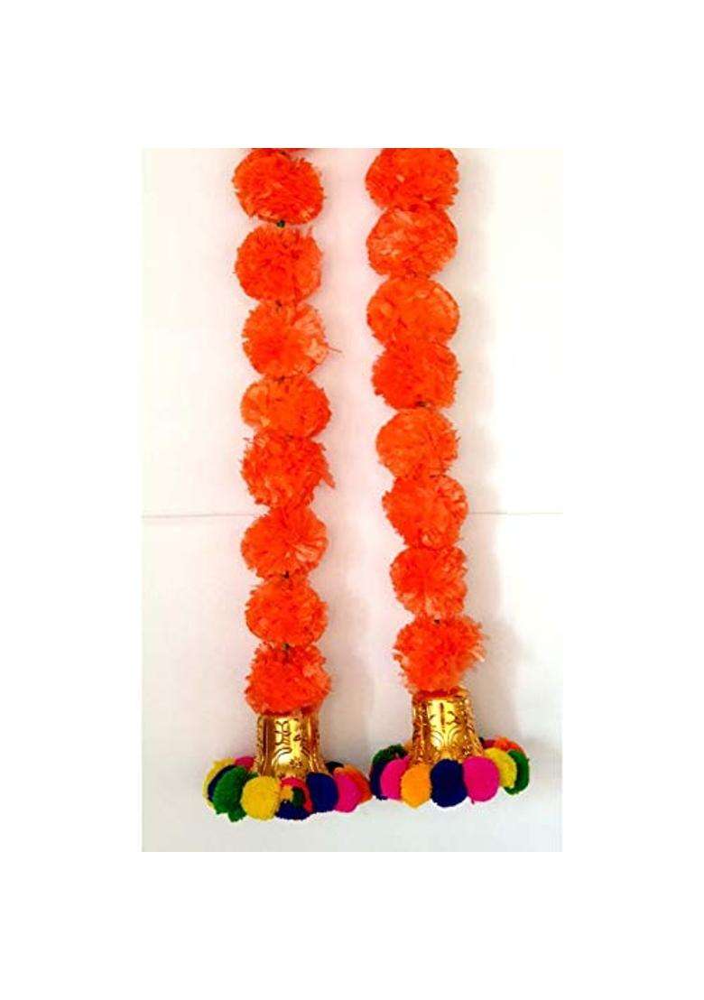 Prahll Artificial Marigold Flower Garlands Hanging Toran for Door and Wall with 3 Inch Golden Bell Pack of 6 - Indya
