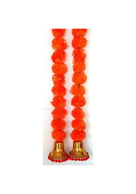 Prahll Artificial Marigold Flower Garlands Hanging Toran for Door and Wall with 3 Inch Golden Bell Pack of 2