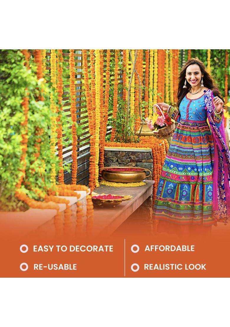 Decorhacks Artificial Fluffy Marigold Flower Reusable Garland for Home Office Puja Wedding 5Ft - Indya