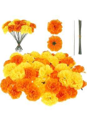 Tboxbo Artificial Marigold Flower Heads Bulk Bunch Fake Halloween with Stems for Party Birthday Diwali