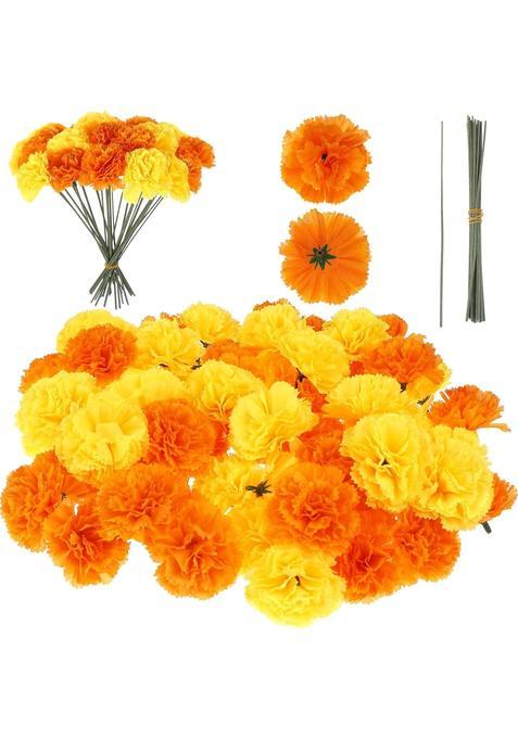 Tboxbo Artificial Marigold Flower Heads Bulk Bunch Fake Halloween with Stems for Party Birthday Diwali