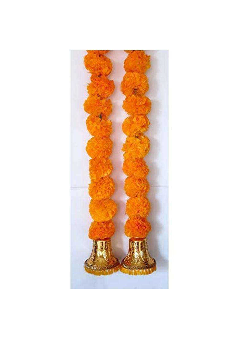 Prahll Artificial Marigold Flower Garlands Hanging Toran for Door and Wall with 3 Inch Golden Bell Pack of 6 - Indya