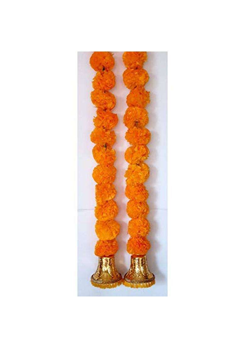 Prahll Artificial Marigold Flower Garlands Hanging Toran for Door and Wall with 3 Inch Golden Bell Pack of 6 - Indya